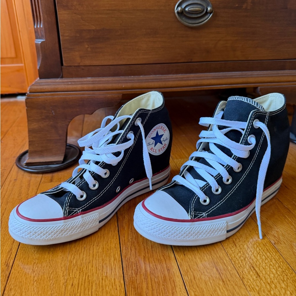 Converse Black High Top Wedge Sneakers with White Laces